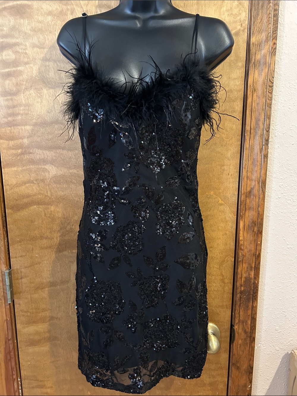Black Sequin Feather Trim Slip Dress - Homecoming